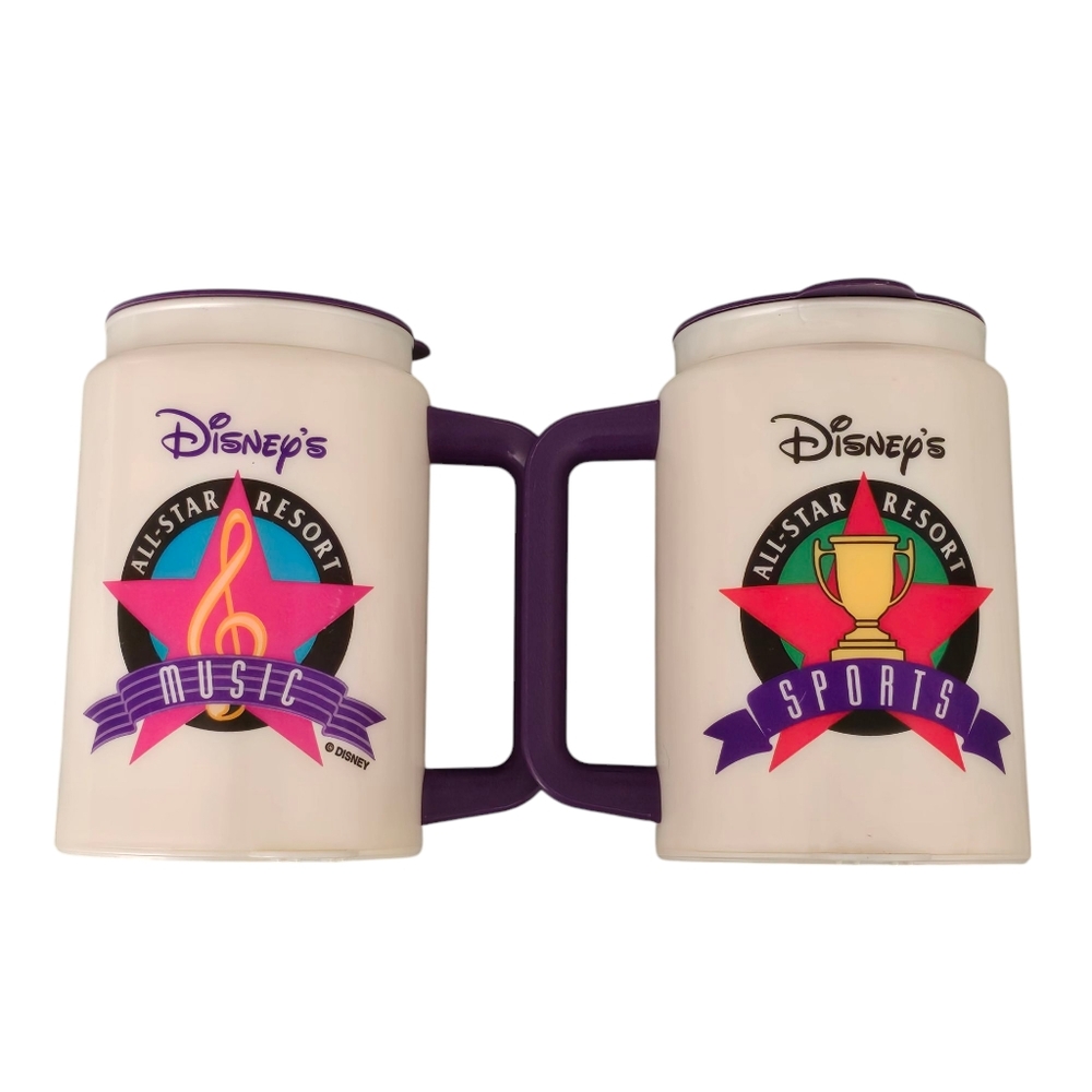2 Vintage Disney All-Star Music Sports Resort Plastic Travel Mug Cups Refillable